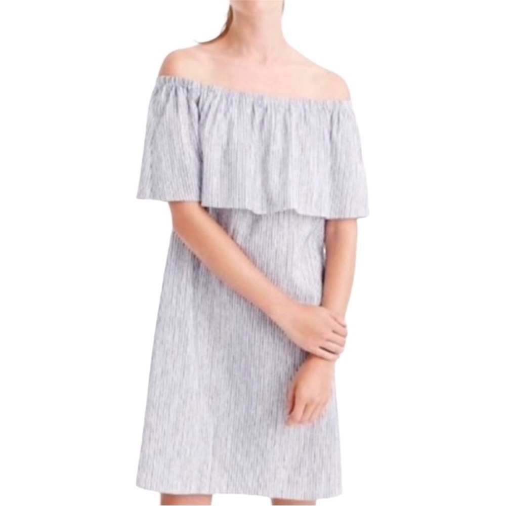 J. CREW Ruffle Off The Shoulder Striped Cotton Dress Size Small in Blue Stripe
